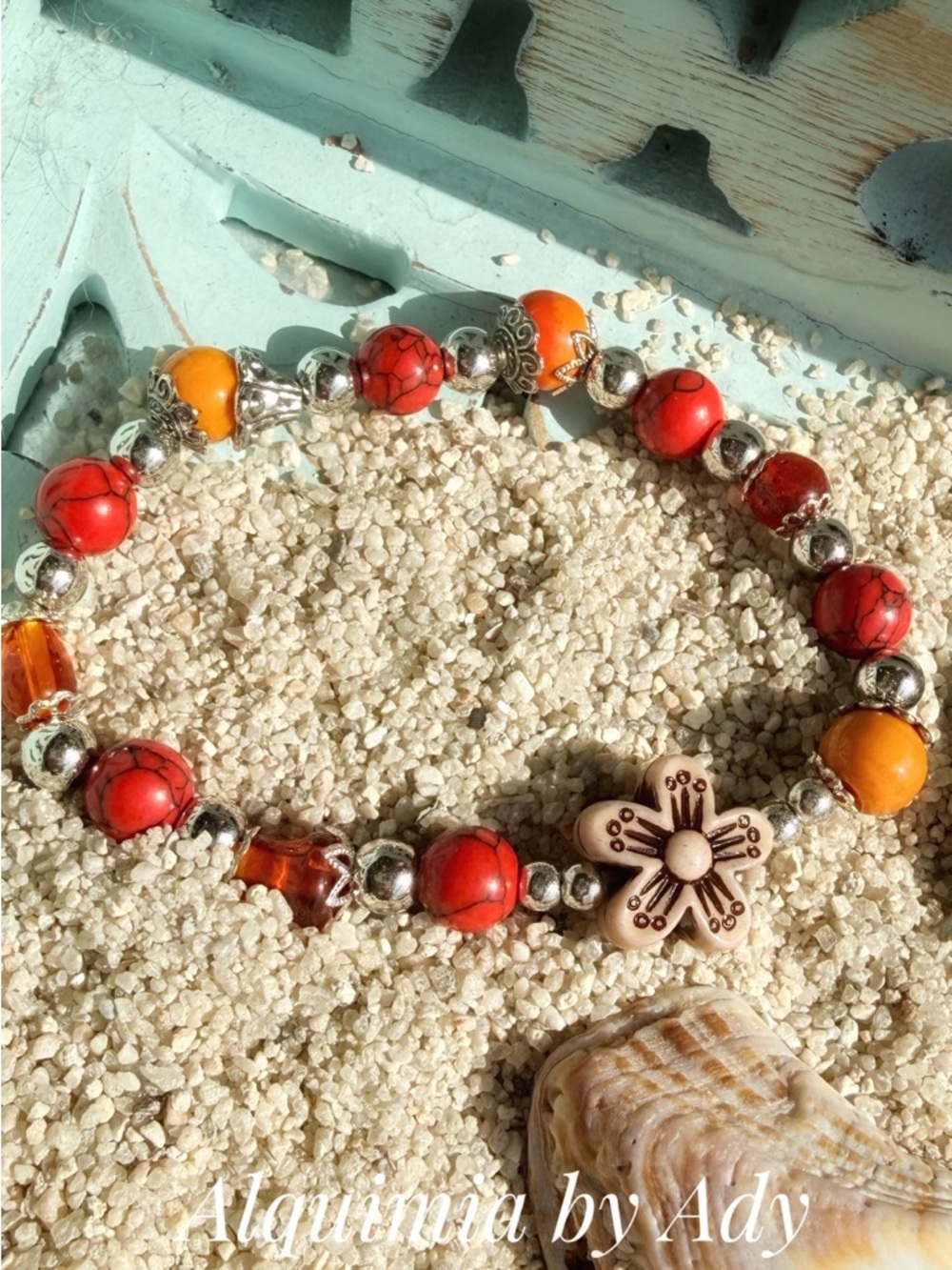 Alquimia Red & Orange Beaded Flower Bracelet